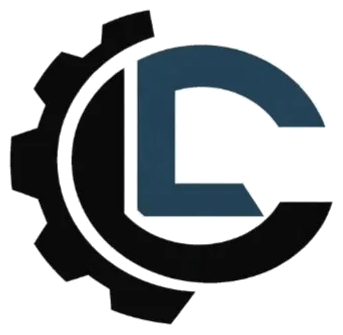 Logo oficial da LC TECH, engrenagem preta e símbolo azul-petróleo